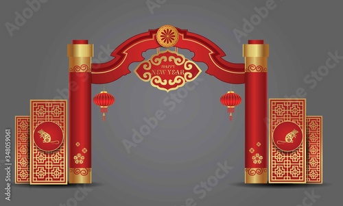 Chinese entrance arch design vector illustration. Stylish banner. Symbols, attribute: rat, gold, red, neon, lantern, frame, arch, sakura.