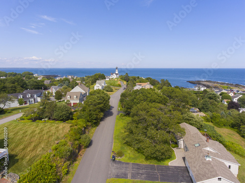 Aerial view of Cape Elizabeth Lights, also known as Two Lights, at the south end of Casco Bay in town of Cape Elizabeth, Maine ME, USA.  photo