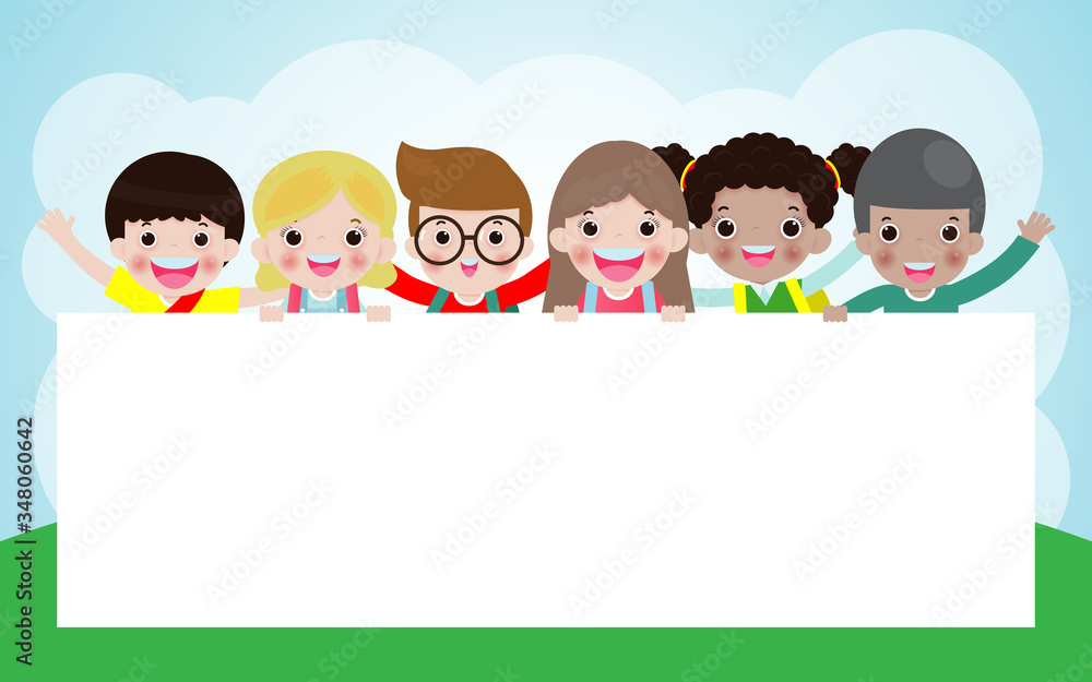 kids peeping behind placard, happy children, Cute little kids on white background,Vector Illustration kids peeping behind placard, happy children, Cute little kids on white background,Vector Illustration