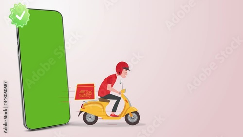 Delivery man with motorcycle out from phone screen.Smartphone With Online Delivery Service Application Animation Greeen screen. Fast Delivery man ride a scooter 4K animation, alpha channel