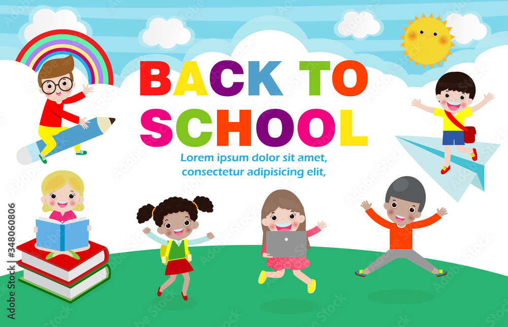 Back to school vector banner design with happy kids, poster background cover book, web, flyer, banner and template. Ready for your message, Funny cartoon kids character. Vector illustration Back to school vector banner design with happy kids, poster background cover book, web, flyer, banner and template. Ready for your message, Funny cartoon kids character. Vector illustration