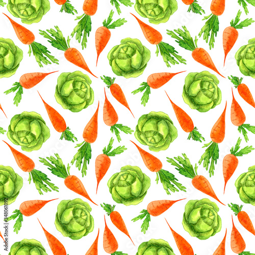 Seamless pattern of orange, watercolor carrots with green tops, and cabbage on a white background. Garden vegetables, children's illustration.