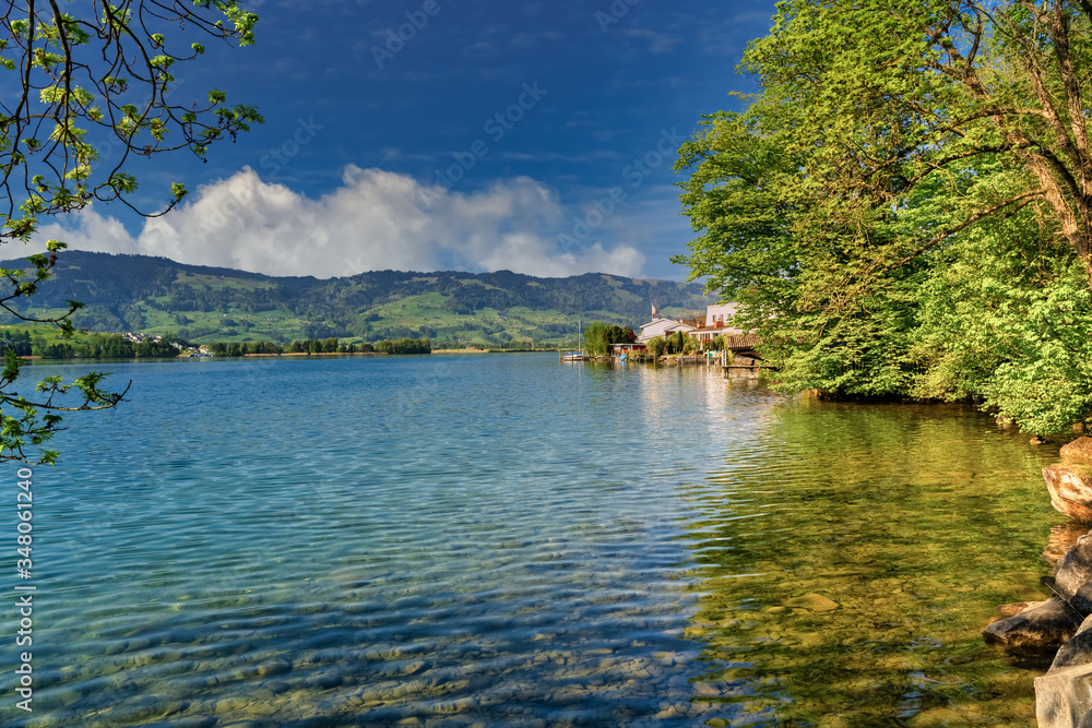 Beautiful shore landscapes along the Upper Zurich Lake (Obersee) near Bollingen, Sankt Gallen