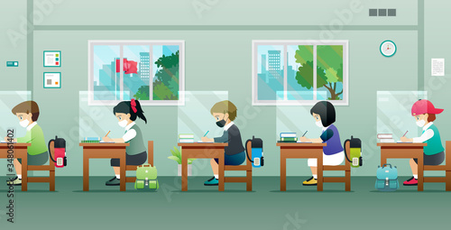 Students are studying in the classroom to prevent germs.