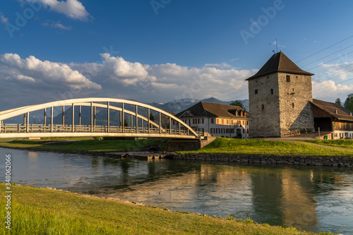 Historical Grynau along the shores of the Linth river and canal at the head of the Upper Zurich Lake (Obersee), St. Gallen, Switzerland