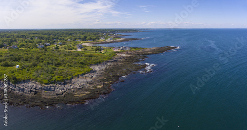 Rocky coast aerial view at the south end of Casco Bay in town of Cape Elizabeth, Maine ME, USA. 