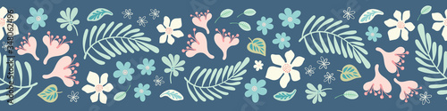 Tropical flower and leaf border pattern. Cute vector seamless repeat floral and foliage banner design.