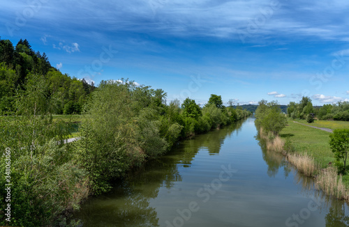Gorgeous landscapes along the mouth of Linth river and canal at the head of the Upper Zurich Lake (Obersee), St. Gallen, Switzerland
