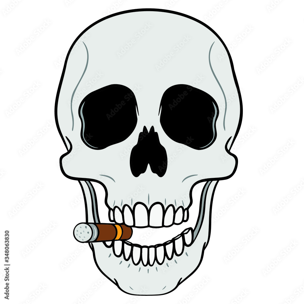 gray laughing skull with cigar in the corner of his mouth. white background, comic. gray laughing skull with cigar in the corner of his mouth. white background, comic.