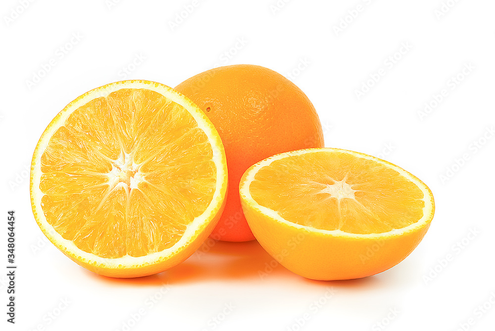 Orange whole and two halves on a white background. Orange whole and two halves on a white background.