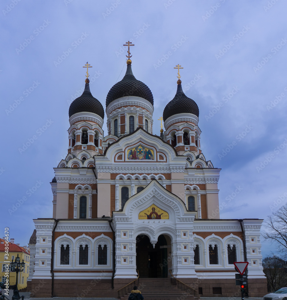 White young tourist man looking at Alexander Nevsky Cathedral in Tallinn old town, Estonia, Europe