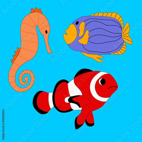 Set of ocean fish on a bkue background in vector graphics, in a flat style. For the design of zoological signs, prints on pillows, mugs, wrapping paper, notebook covers
