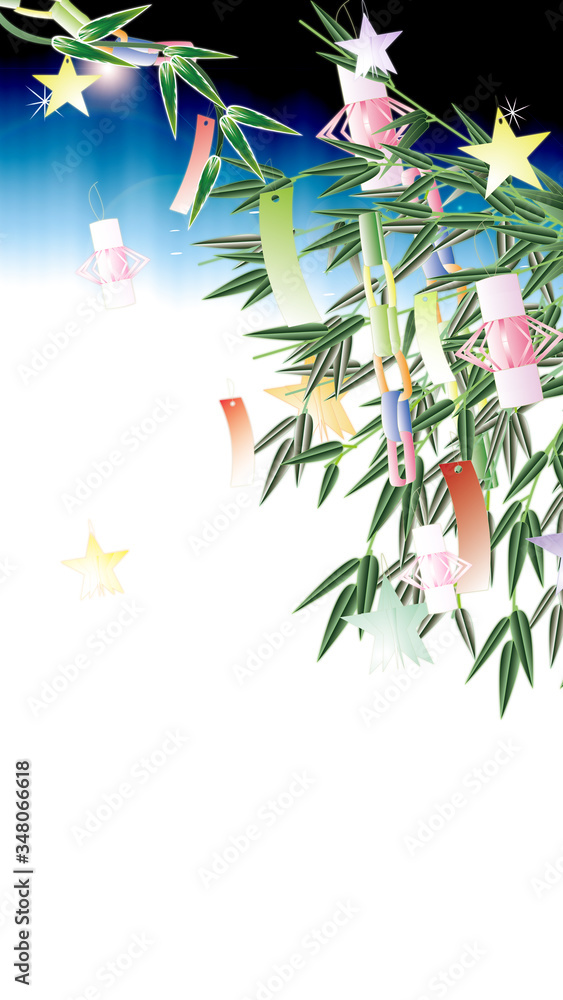 七夕飾り笹の葉にキラキラした大きいあみ飾りのイラストワイドサイス縦スタイルバーチャル背景素材 Stock Illustration Adobe Stock