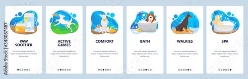 Pet hotel website and mobile app onboarding screens vector template