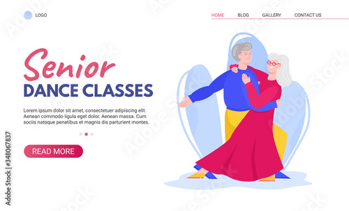 Senior dance classes ad banner with happy old couple ballroom dancing