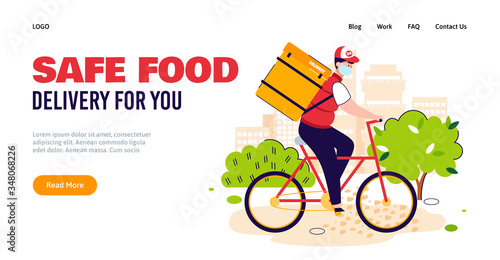 Safe food delivery banner with courier on bicycle wearing medical mask