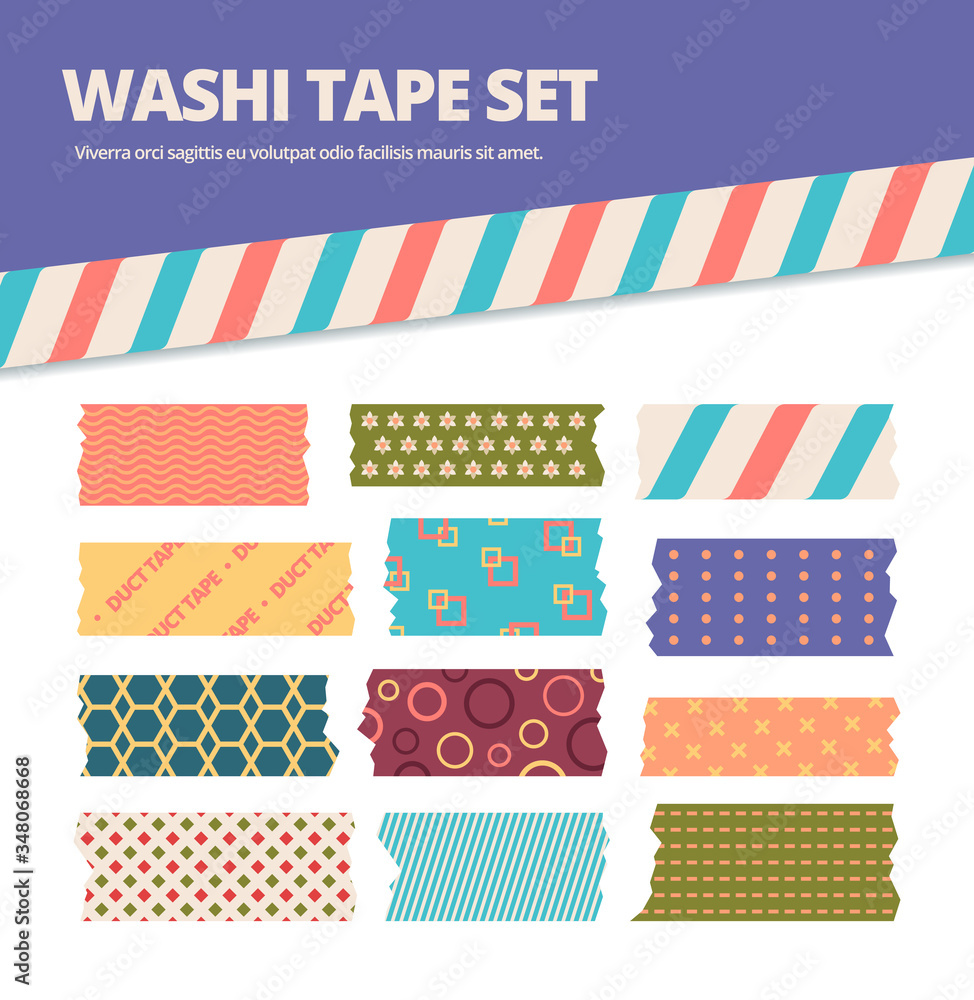 Washi tape set. Japanese stripes stickers with colorful original tracery,  decorative ribbons in cute pink, green, blue, origami material,  scrapbooking. Vector graphics in flat style. Stock-Vektorgrafik | Adobe  Stock
