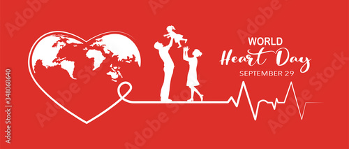 World Heart Day concept, happy family with heartbeat line, a father holding baby daughter up in the air.