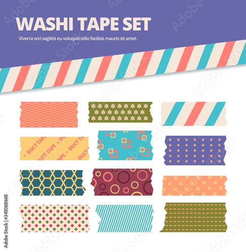 Washi tape set. Japanese stripes stickers with colorful original tracery, decorative ribbons in cute pink, green, blue, origami material, scrapbooking. Vector graphics in flat style.