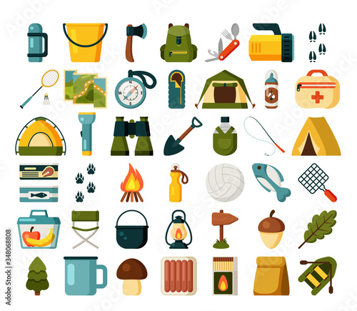 Hiking and camp equipment set. A tent with awning, map, items for recreation, ball, racket, for fishing, inflatable boat, fishing rod, bowler. Complete color kit for tourism. Vector flat graphics.