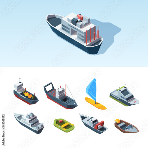 Transport sea isometric set. Cargo tanker with containers research vessel rescue boat pleasure high-speed inflatable boat, windsurfing with good sail liner fishing vessel. Vector isometric style.