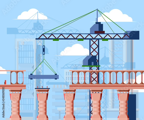 Bridge construction illustration. Construction city bridge blocks, cargo crane under clouds, adjustable support columns, concept industrial engineering. Vector background style.