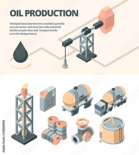 Oil industrial isometric set. Derrick fire truck platform oil tank fuel valve tank storing raw materials canister transportation sucker-rod pump black drop energy industry. Vector isometric style.