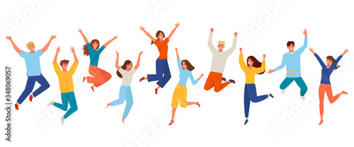 People happy jumping set. Young funny teens large group guy, girl, jumping together joy lifestyle celebration victory team smiling students celebrates success. Color cartoon vector. photo