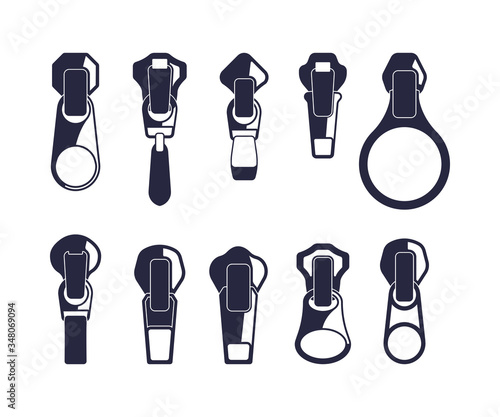 Sliders stripper set. Clasp in metallic monochrome color with a round, oval, square tongue, quick opening and zipper of clothes with a decorative fastening design. Vector graphics in a linear style.