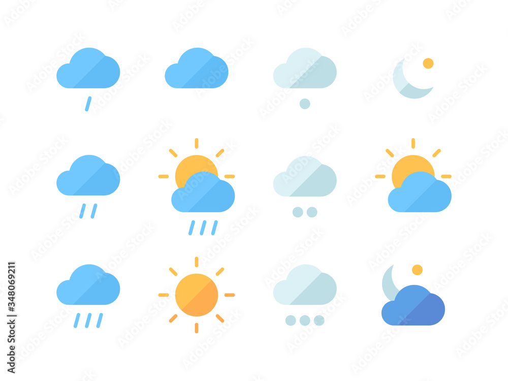 Weather icon set. Climatic changes in world heavy rainfall cold moderate clouds sunny month snowfall cloudy day clear weather at night, meteorological forecast. Vector flat icons. Weather icon set. Climatic changes in world heavy rainfall cold moderate clouds sunny month snowfall cloudy day clear weather at night, meteorological forecast. Vector flat icons.