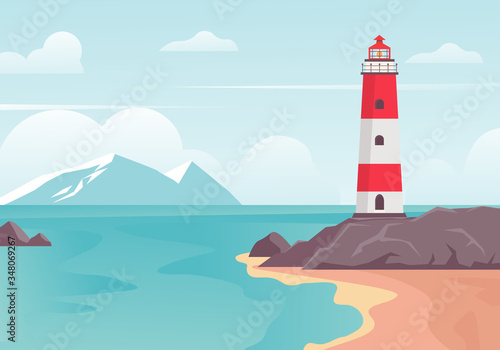 Lighthouse in bay on beach. Lighthouse tower on stone hill at edge of blue sea bay, white mountains on horizon clouds, illustration safe navigation travel. Vector color background.