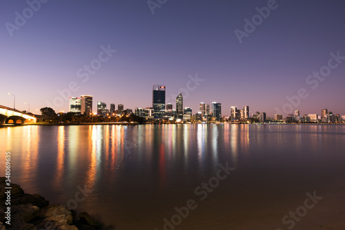 City in the Evening, Perth new Skyline with Refection over the River at the Sunset, Western Australia, Australia © Jana Schönknecht