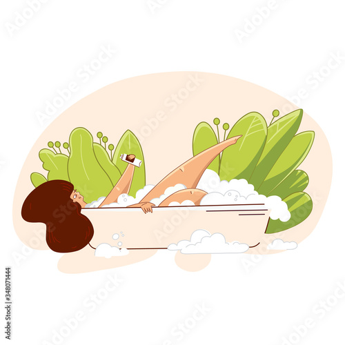 Vector Love yourself and take care of yourself concept. Young woman taking a bath, getting Healthcare Skincare time illustration. Take time for your self and love yourself feemale concept