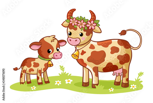 Cow with a calf is standing in a green meadow. Vector illustration in cartoon style on a farm theme.
