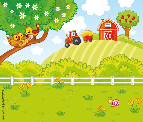 Cute illustration in cartoon style with a farm and tractor. Birds are sitting in a nest on a tree.