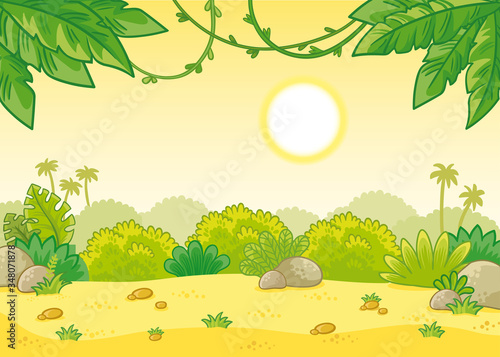 Tropical summer background with the scorching sun. Vector illustration in cartoon style.