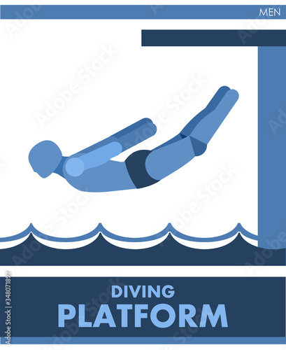 Diving platform. Sports. Male contest. Vector. Icon, pictogram. Summer international sports. Boys jump from the tower. Men's competitions. Symbol of championship, club.