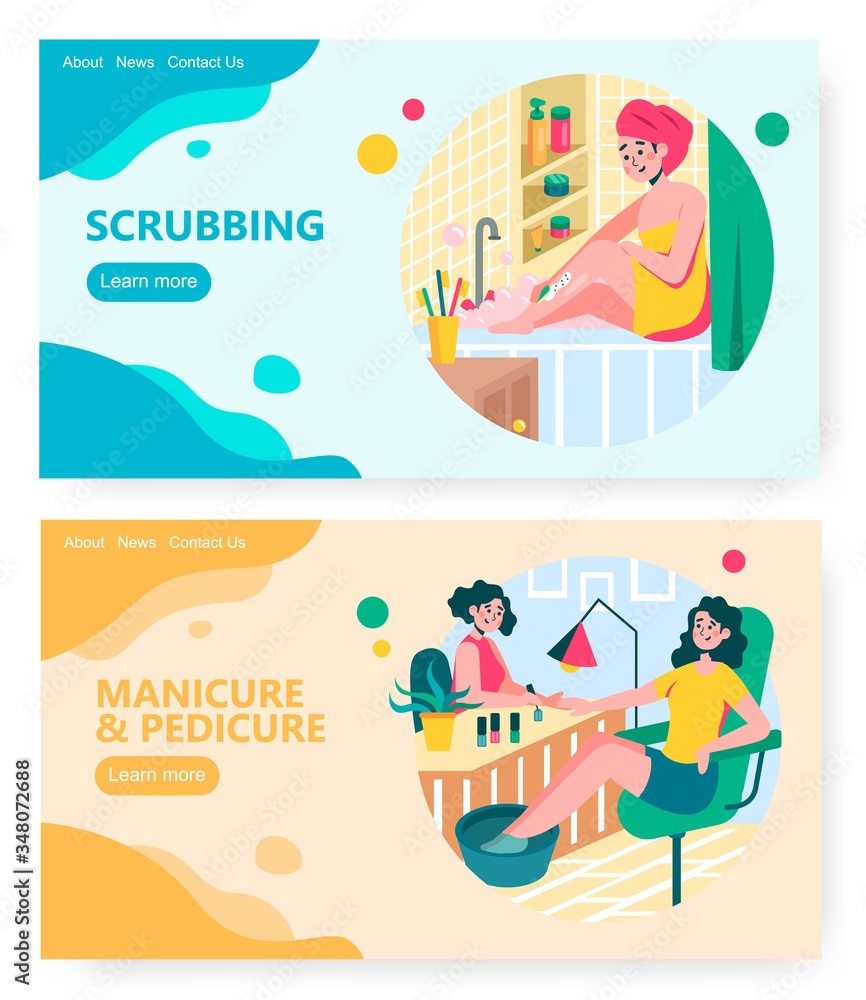 Woman applying cosmetic body scrub at home bathroom. Girl come to beauty salon to make manicure. Concept illustration. Vector web site design template. Landing page website illustration