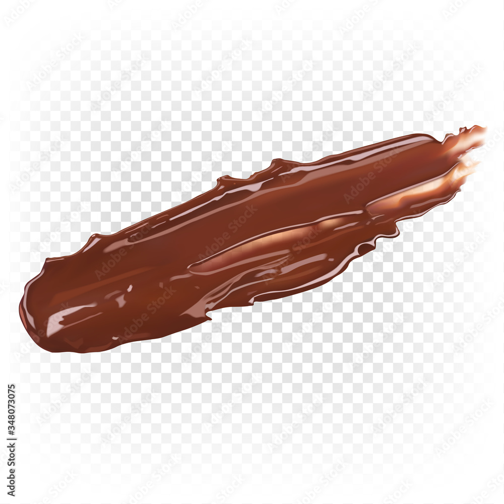 Vector 3d illustration of melted thick brush stroke of chocolate isolated  on white transparent background. Ganache, icing, frosting, sauce.  Decoration, presentation, desserts. Stock Vector