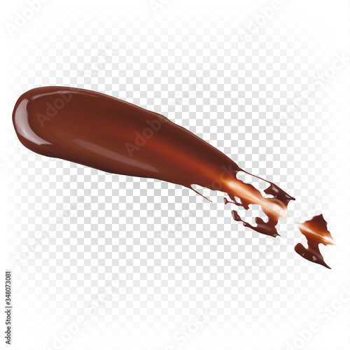 A beautiful 3D realistic smear of molten liquid chocolate. Chocolate dessert, sauce, ganache, dessert presentation. Vector illustration isolated on white transparent background.