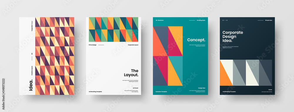 Company identity brochure template collection. Business presentation vector A4 vertical orientation front page mock up set. Corporate report cover abstract geometric illustration design layout bundle.