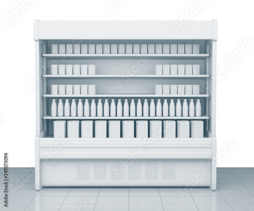 Empty shelves in the supermarket. Shelves with many goods. 3D rendering
