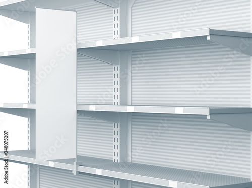 Shelves with shelf-stopper in a store or a shop. 3D rendering