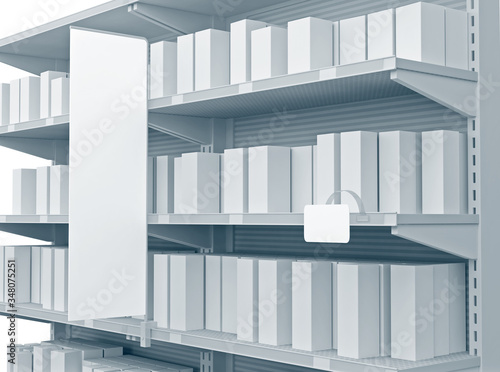 Shelves with shelf-stopper in a store or a shop. 3D rendering