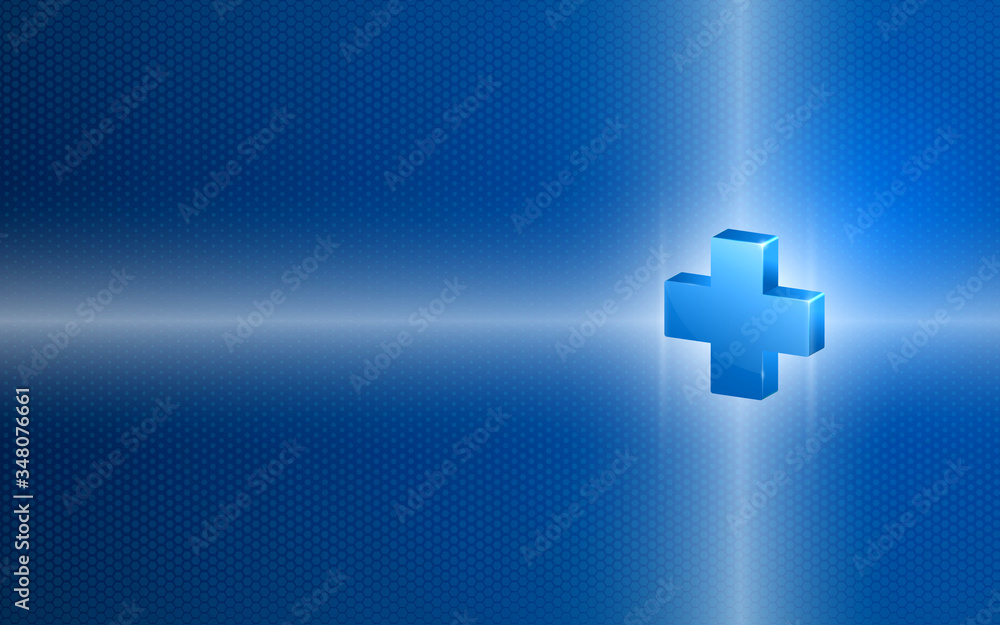 Plus sign on blue abstract background. 3d cross symbol for healthcare, medical and pharmacy. 3D rendering design. Plus sign on blue abstract background. 3d cross symbol for healthcare, medical and pharmacy. 3D rendering design.