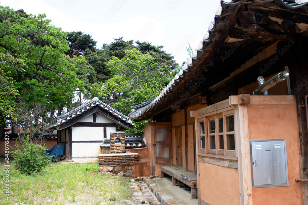 Traditional Korean style architecture in South Korea. Traditional Korean house. Traditional Korean style architecture in South Korea. Traditional Korean house.