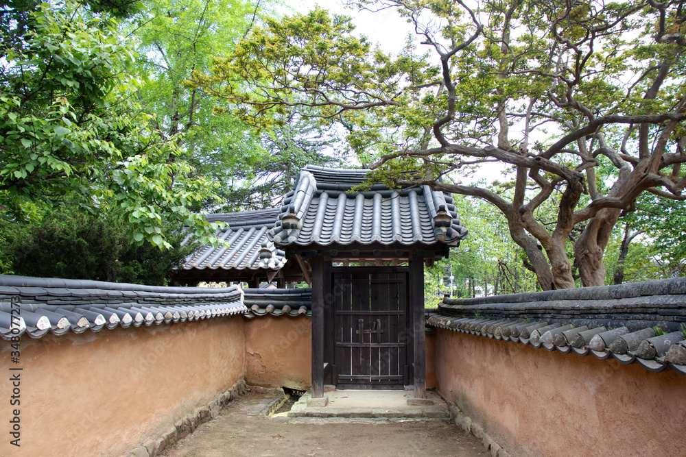 Traditional Korean style architecture in South Korea. Traditional Korean house. Traditional Korean style architecture in South Korea. Traditional Korean house.