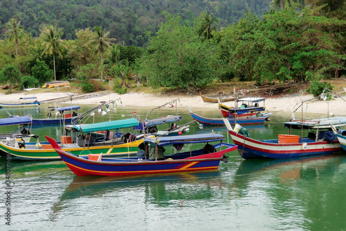 Colourful boats docked around tropical beach