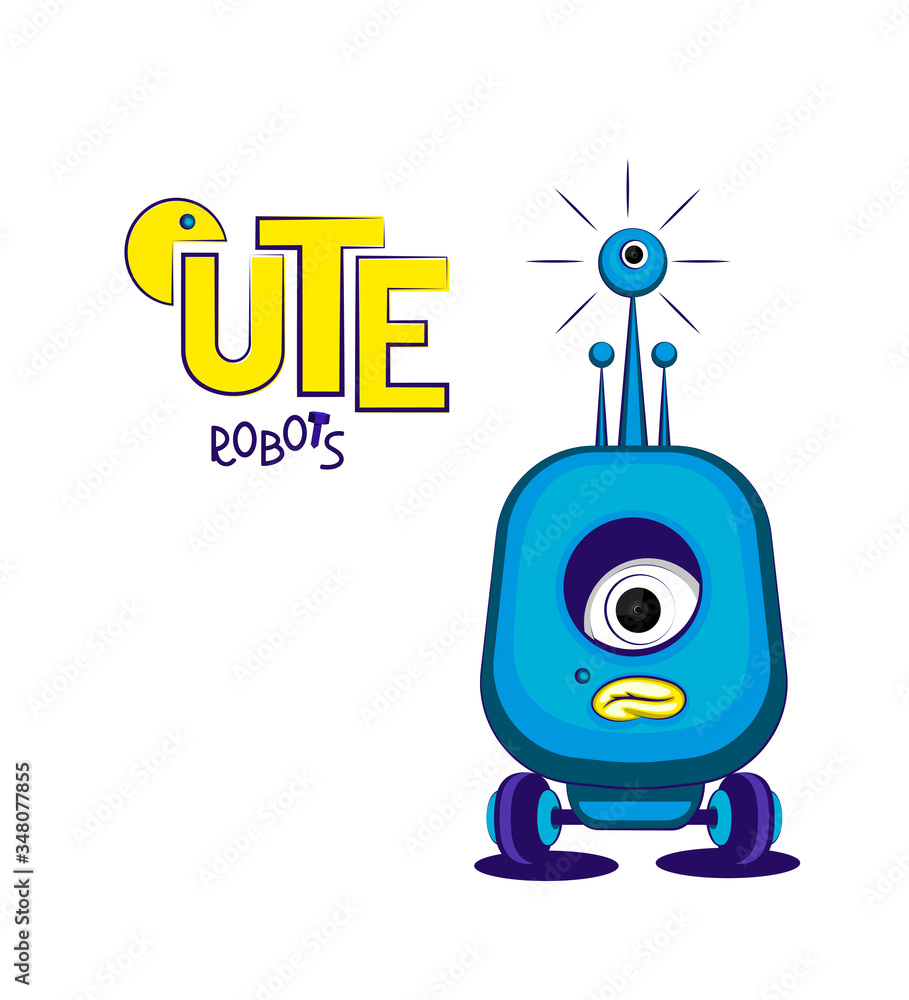 Cute sad blue robot- cyclops on wheels. Vector illustration Cute sad blue robot- cyclops on wheels. Vector illustration