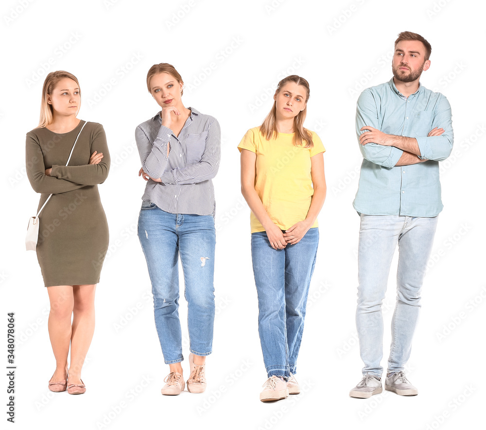 People waiting in line on white background People waiting in line on white background